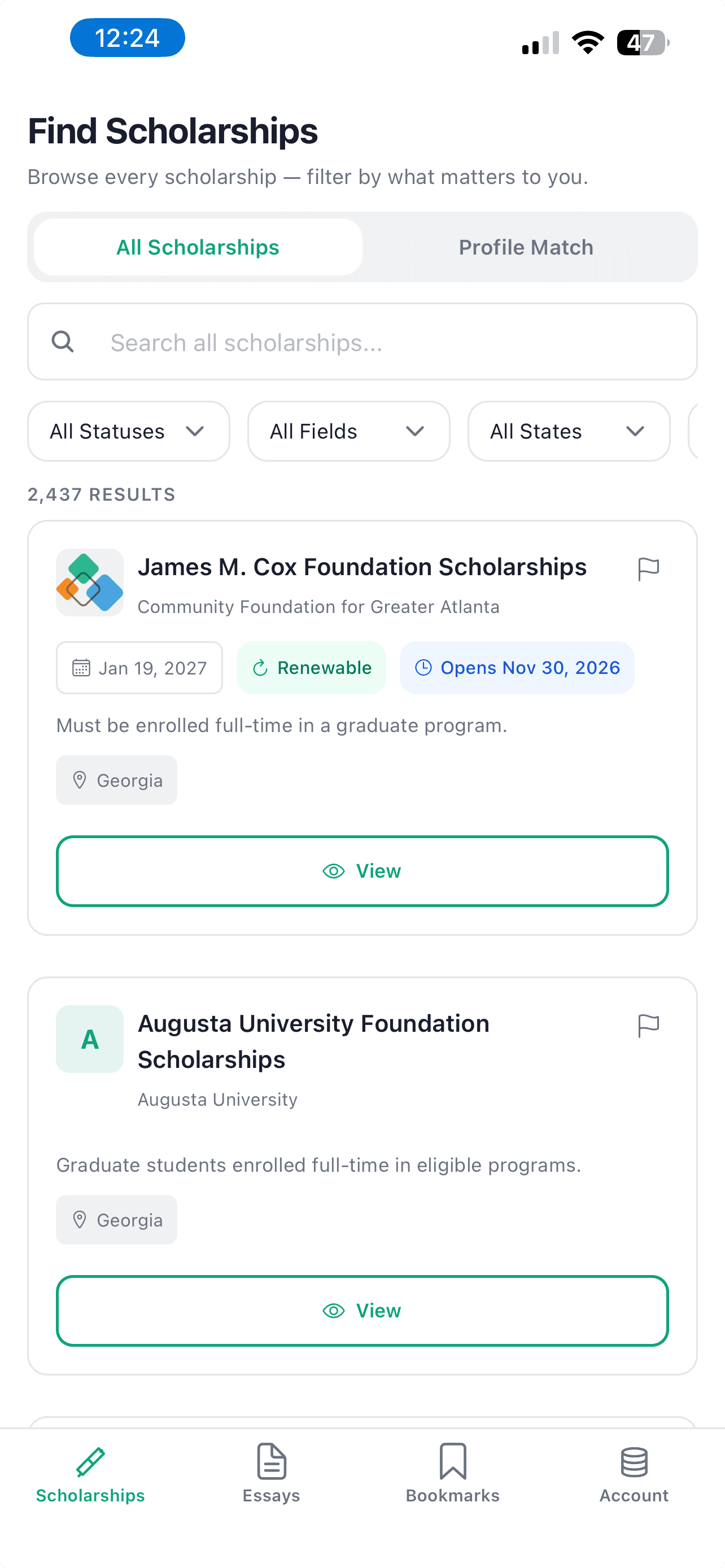 NextGrant app — Find Scholarships screen